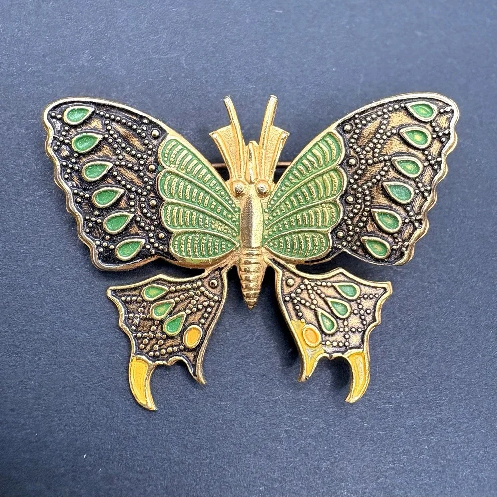 Vintage Damascene Butterfly Green Enamel Brooch Made in Spain Retro